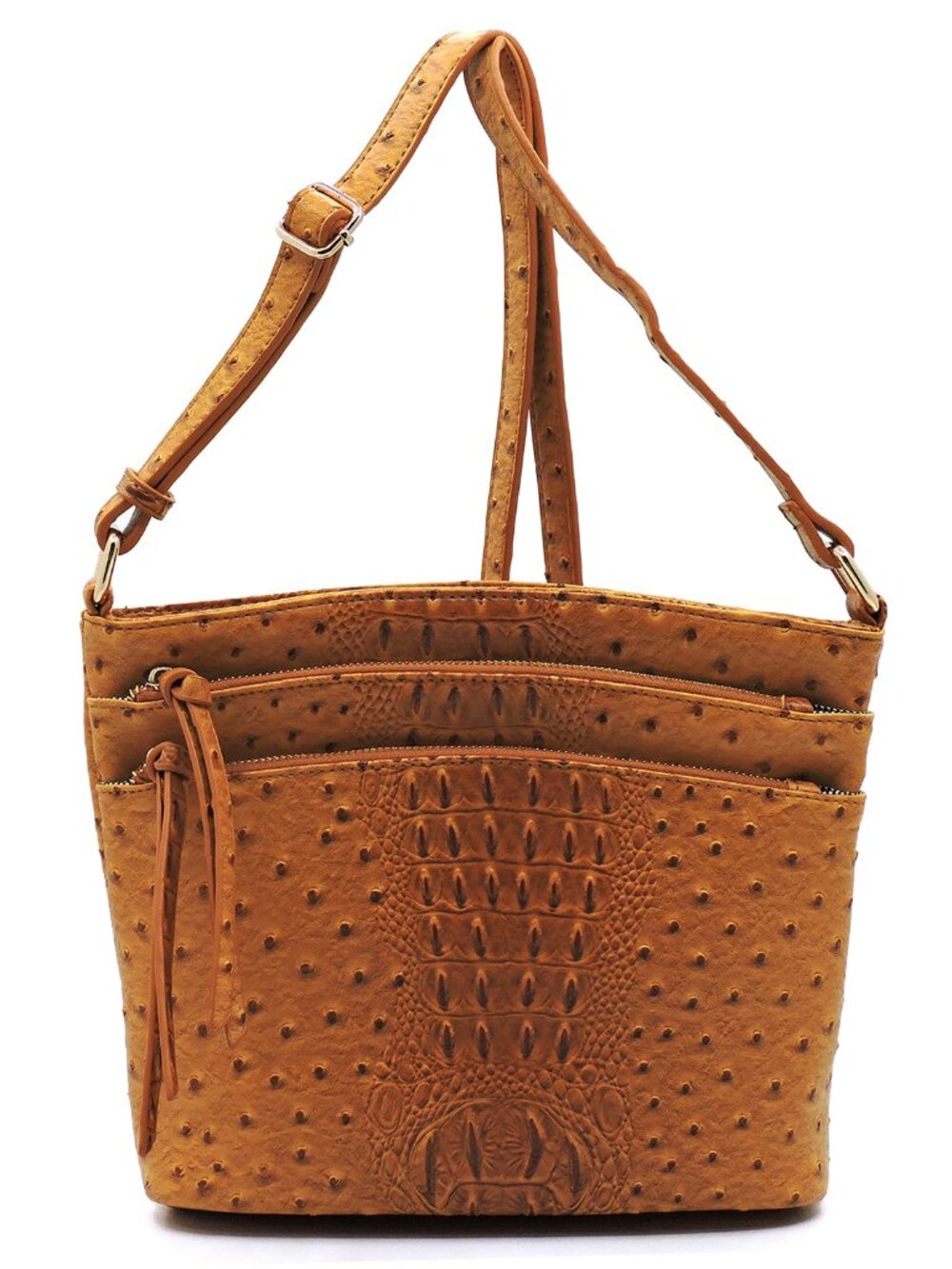 Ostrich Croc Multi Zip Pocket Crossbody Bag - Mustard